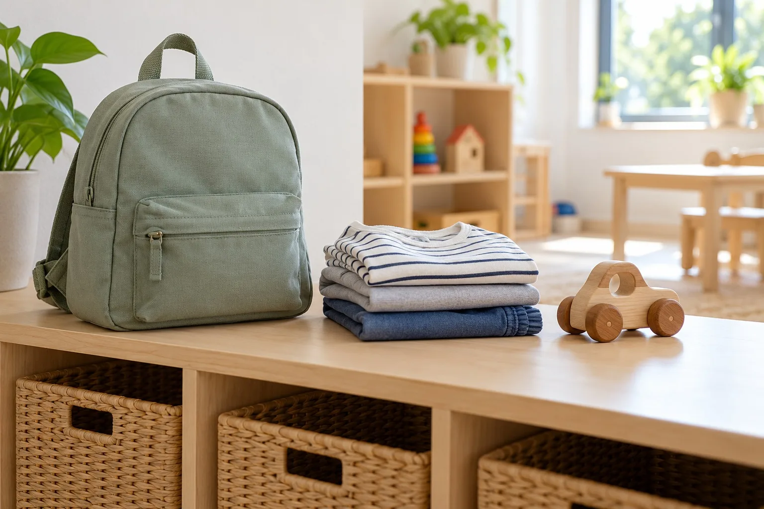 Kleiner Rucksack und gefaltete Wechselkleidung neben einem schlichten Holzspielzeug.